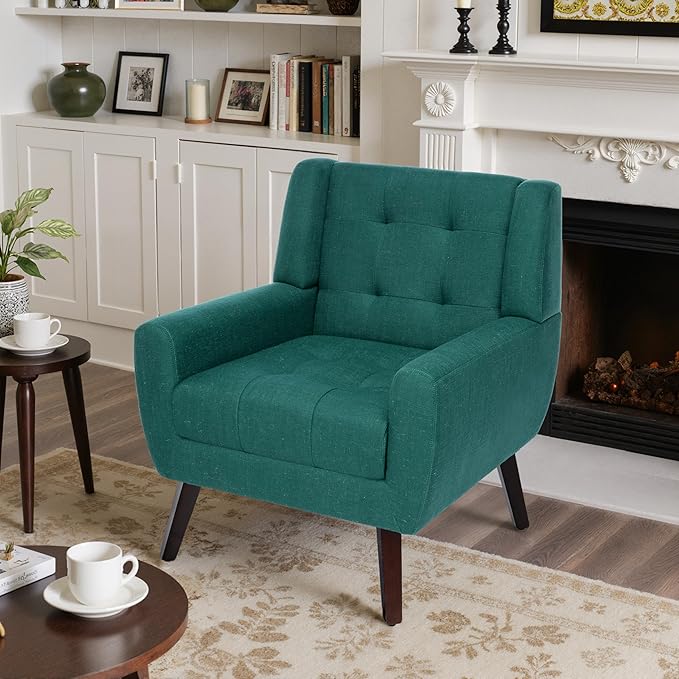 Accent Chairs Set of 4, Mid-Century Modern Upholstered Armchair, Comfy Fabric Living Room Chairs Reading Chairs with Button Tufted Back & Solid Wood Legs for Bedroom, Office, Light Blue