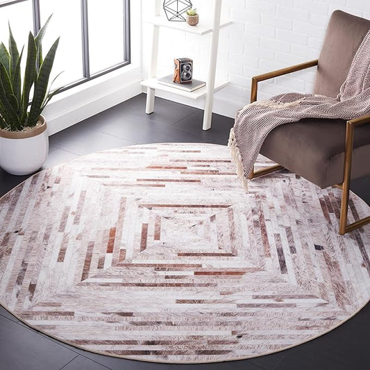 SAFAVIEH Washable Rug Faux Hide Collection - 6' Round, Beige & Brown, Slip Resistant, Western Rustic Decor, Printed Pattern, Ideal for Living Room, Bedroom, Home Office, Dining Space (FAH526A)