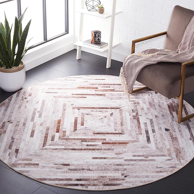 SAFAVIEH Washable Rug Faux Hide Collection - 8' Round, Beige & Brown, Slip Resistant, Western Rustic Decor, Printed Pattern, Ideal for Living Room, Bedroom, Home Office, Dining Space (FAH526A)