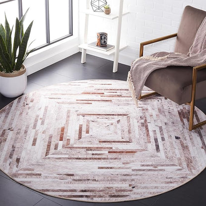 SAFAVIEH Washable Rug Faux Hide Collection - 8' Round, Beige & Brown, Slip Resistant, Western Rustic Decor, Printed Pattern, Ideal for Living Room, Bedroom, Home Office, Dining Space (FAH526A)