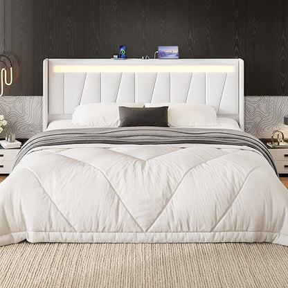 SHA CERLIN King Size Bed Frame with Charging Station and LED Lights, Modern Velvet Platform Bed with Upholstered Geometric Wingback Headboard, No Box Spring Needed, Easy Assembly, White