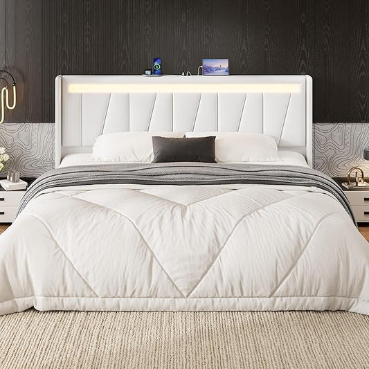 SHA CERLIN King Size Bed Frame with Charging Station and LED Lights, Modern Velvet Platform Bed with Upholstered Geometric Wingback Headboard, No Box Spring Needed, Easy Assembly, White