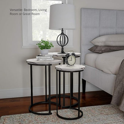 Lavish Home Nesting Tables - Set of 3 Round Side Tables for Living Room, Bedroom, or Home Office - Faux Marble End Table Set - Modern Living Room Furniture (White)