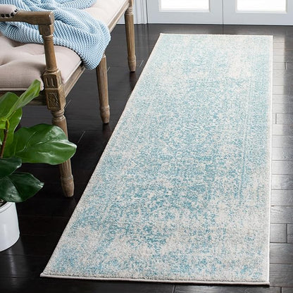 SAFAVIEH Evoke Collection Runner Rug - 2'2" x 9', Ivory & Aqua, Distressed Design, Non-Shedding & Easy to Clean, Ideal for Foyer, Bedroom, Kitchen, Hallway (EVK256J)