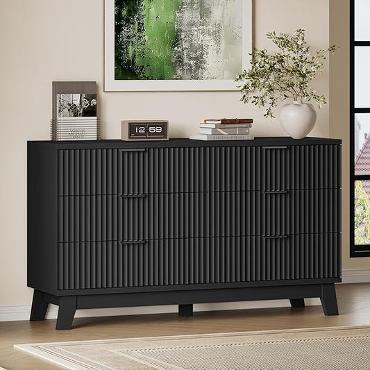 53" Long Dresser for Bedroom, 6-Drawer Dresser with Fluted Fronts, Wide Wood Chest of Drawers, Smooth Metal Slides, Stable Base, Modern Clothes Storage Cabinet for Living Room, Hallway
