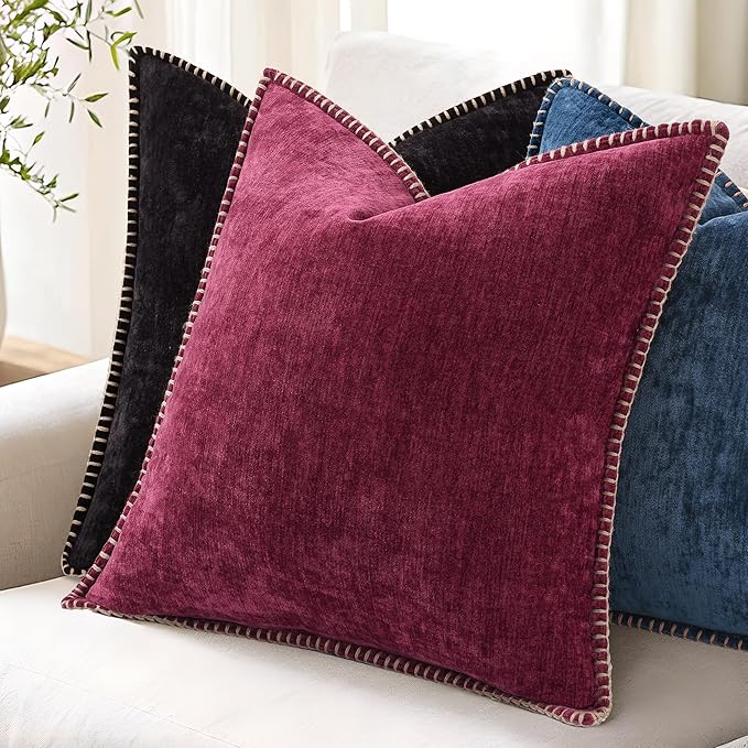 decorUhome Christmas Chenille Soft Throw Pillow Covers 16x16 Set of 2, Farmhouse Velvet Neutral Decorative Euro Pillow Covers with Stitched Edge for Couch Sofa Bed Home Decor, Rhododendron