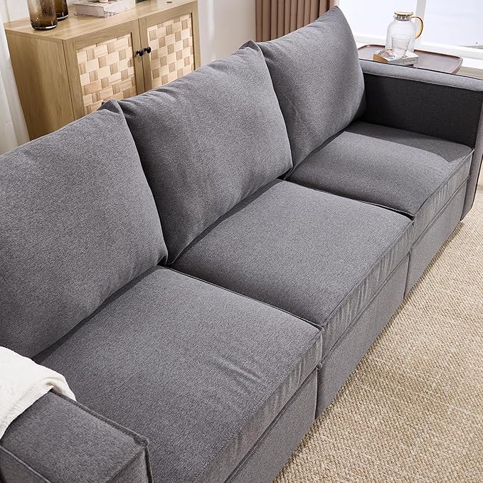 90 inch Cloud Modular Sectional Sofa, 3 Seater Linen Fabric Couch, Modern Convertible Comfortable Sofa Couch for Living Room/Apartment, Grey
