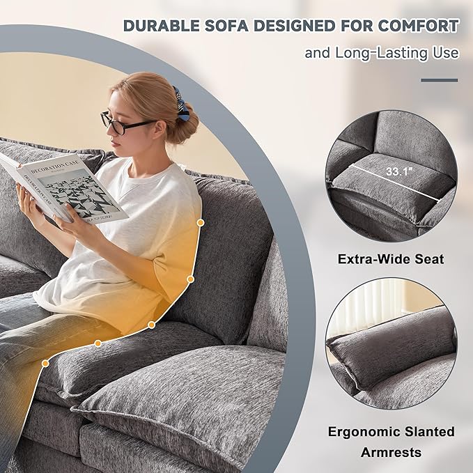 114 Inch Modular Couch Sectionals with Ottoman, Big Comfy Cloud Couches, L Shaped 4 Seat Modular Sectional Sofa, Modern Cloud Sectional Couches for Living Room, Deep Seat Comfy Sofa, Grey