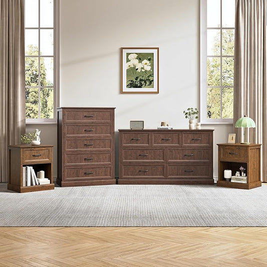 Farmhouse Dresser and Nightstand Sets, 4Pcs Bedroom Furniture Set, Nightstand Set of 2 & 55" Wide 7 Drawer and 44" Tall 5 Drawer Dresser with Large Drawers & Bar Handles, Brown