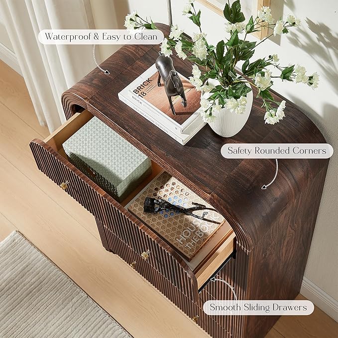 T4TREAM Fluted 5 Drawers Dresser, 48" Tall Modern Chest of Drawers with Thickened Curved Profile Design, Wood Closet Clothes Storage Organizer for Bedroom, Living Room, Hallway, Dark Walnut