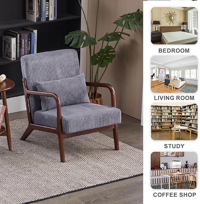 Accent Chairs, Mid-Century Modern Chair with Pillow, Armchair with Solid Wood, Reading Relaxing Leisure Chair for Living Room（Dark Grey/Walnut）