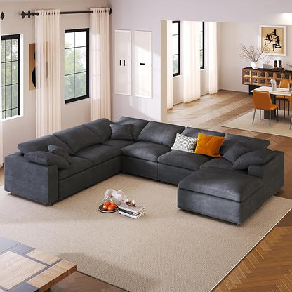 129.3" Oversized Modular Sectional Sofa, U Shaped Couch with Movable Ottoman, Large 7 Seater Corner Sofa for Living Room, Office, Spacious Space, Grey