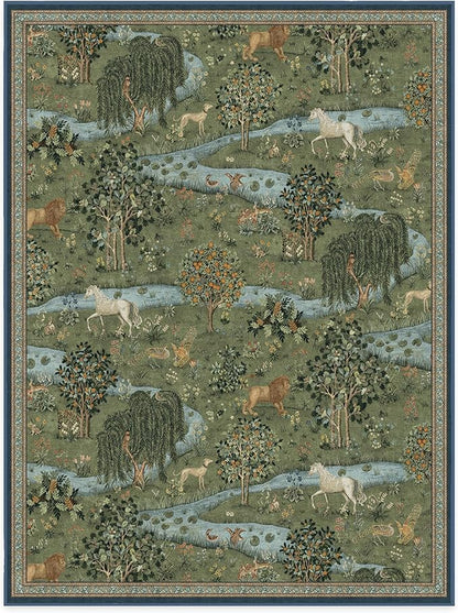 RUGGABLE x Morris & Co Washable Area Rug – Owl & Willow Green 9x12, Stain-Resistant, Non-Slip – Large Machine Washable Rugs for Living Room, Bedroom, Hallway, Entryway & Office–with Standard Pad