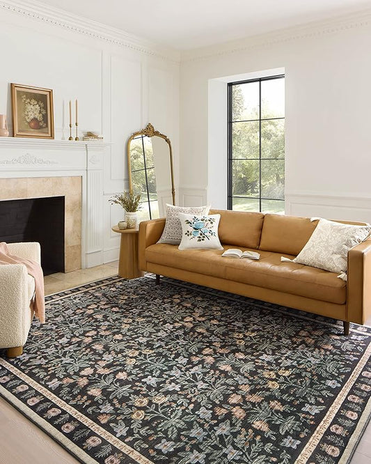 Loloi Rifle Paper Co. Eden Collection EDE-02 Mughal Garden Black 7'-6" x 9'-6" Area Rug feat. CloudPile™