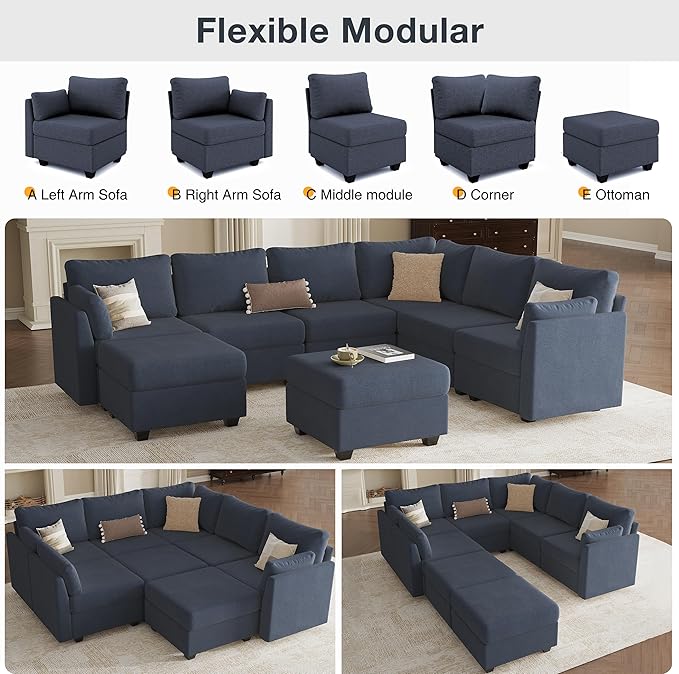 Modular Sectional Sofa Couches, Large Convertible Modular Couches With Storage, 8-Seater Sectional Sofa For Living Room, U Shaped Sectional Couch Sleeper Sofa With Chaise (BlueGrey, 8 Seats)