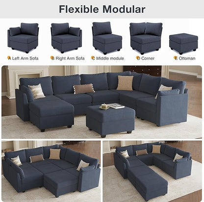 Modular Sectional Sofa Couches, Large Convertible Modular Couches With Storage, 8-Seater Sectional Sofa For Living Room, U Shaped Sectional Couch Sleeper Sofa With Chaise (BlueGrey, 8 Seats)