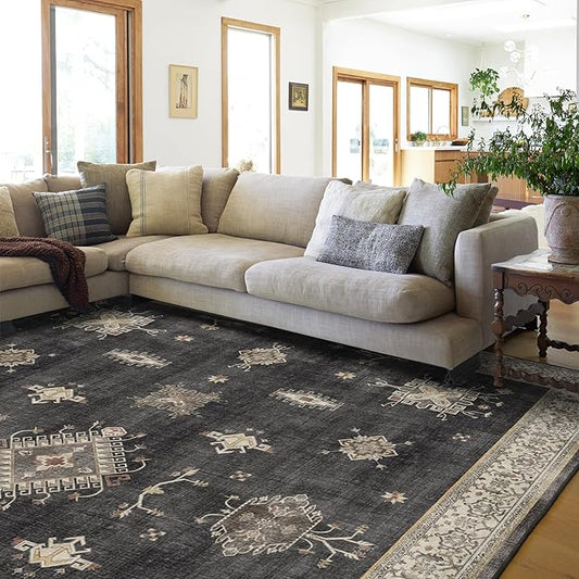RUGGABLE Washable Vintage Area Rug – Verena Dark Wood 10x14, Stain-Resistant, Non-Slip – Large Machine Washable Rugs for Living Room, Bedroom, Hallway, Entryway & Office–with Standard Pad