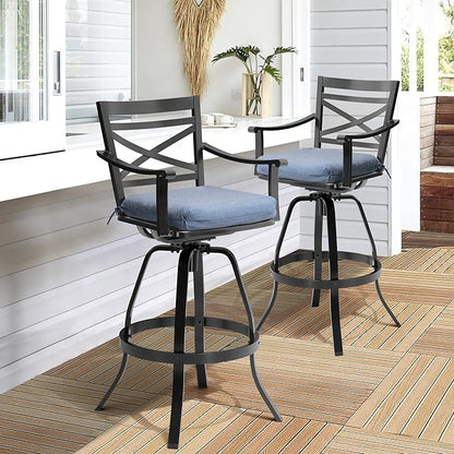 Pellebant 30" Sunbrella Outdoor Bar Stools Set of 4, Aluminum Swivel Patio Bar Height Bar Stools with Back & Footrest, for Deck Lawn Garden(Spectrum Denim)