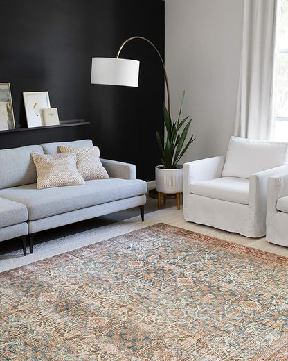Loloi Layla Collection LAY-04 Ocean/Rust 5'-0" x 7'-6" .13" Thick Area Rug, Soft, Durable, Vintage Inspired, Distressed, Low Pile, Non-Shedding, Easy Clean, Printed, Living Room Rug