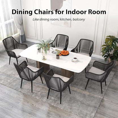 JOIVI Outdoor Dining Chairs Set of 6, 6 Pieces Woven Rope Patio Chairs with Armrest and Seat Cushions for Outside Porch, Balcony or Indoor Dining Kitchen, Restaurant, Black