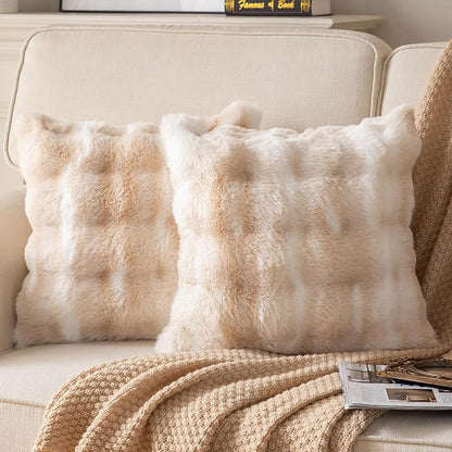 Pack of 2 Thick Plush Throw Pillow Covers Fluffy Wave Faux Fur Decorative Cushion Covers Soft Wool Pillowcase for Sofa Couch Livingroom 16x16 Inch White Beige