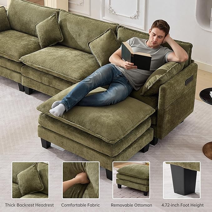 108" Modular Sectional Couches for Living Room with Ottoman, L Shaped Cloud Couch with Charger, USB & Type-c Port, Comfy 4 Seats Sofas with Deep Seat, Chenille Fabric, Green