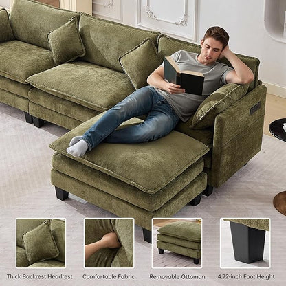 108" Modern L-Shaped Sectional Sofa with USB & Type-c Port Charger, Modular Cloud Couch, Deep Seating Chenille Fabric 4-Seater with Ottoman and Pillows for Living Room (Green)