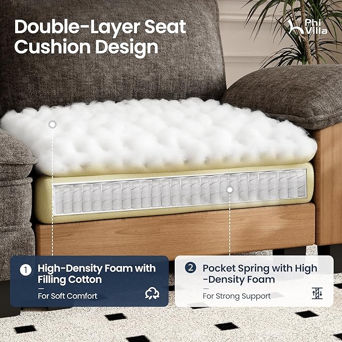 PHI VILLA Cloud Modular Couches Sets, 3 Pieces Large Sectional Sofa Set with Loveseats, 7-Seater Upholstered Couch for Living Room, Chenille Fabric, Smoky Grey