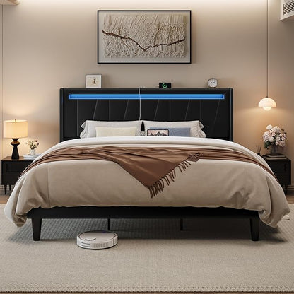Allewie King Size LED Bed Frame with Charging Station, Velvet Upholstered Platform Bed with Geometric Wingback Headboard, Modern Frame with No Box Spring Needed, Easy Assembly, Black