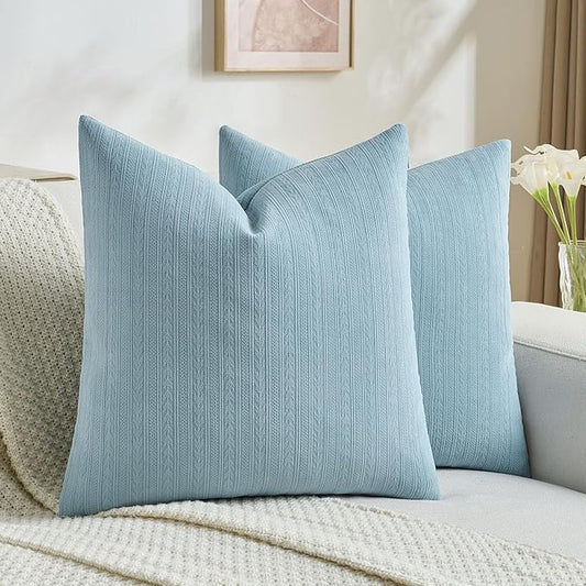 FUTEI Denim Blue Decorative Throw Pillow Covers 18x18 Inch Set of 2,Soft Cozy Wheat Ear Striped Patterns Cushion Cases,Modern Home Decor for Couch Bed Living Room
