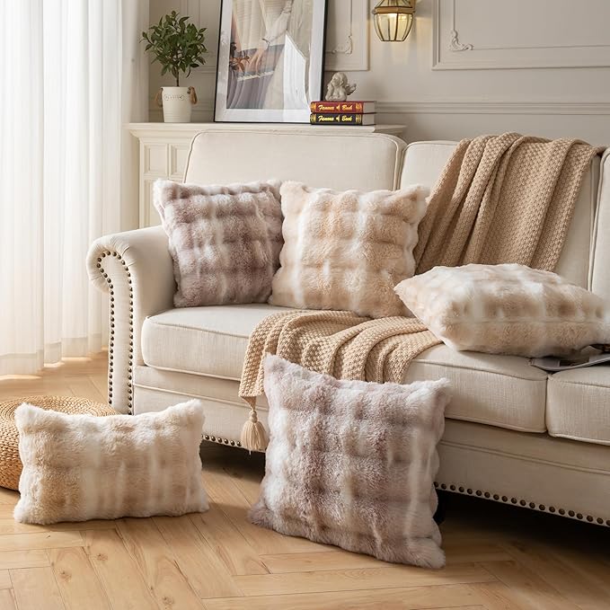 Pack of 2 Thick Plush Throw Pillow Covers Fluffy Wave Faux Fur Decorative Cushion Covers Soft Wool Pillowcase for Sofa Couch Livingroom 24x24 Inch White Beige