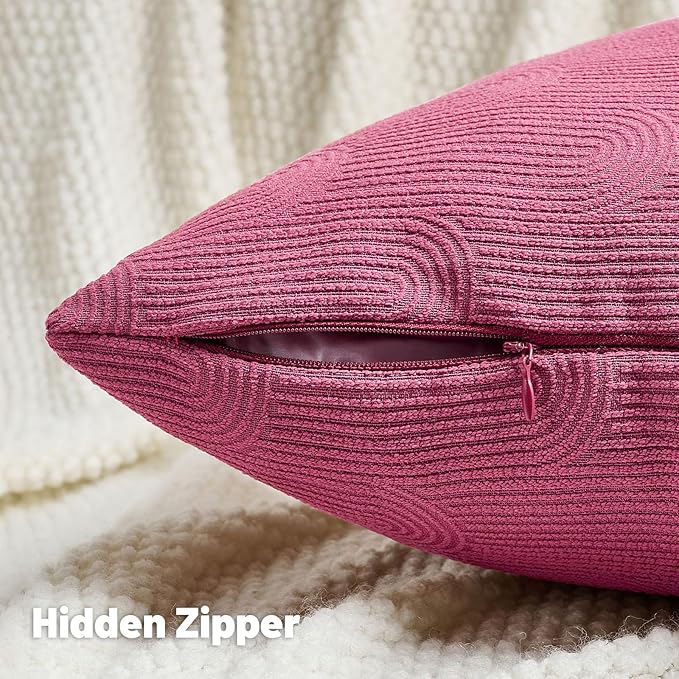 FUTEI Hot Pink Chenille Decorative Throw Pillow Covers 16x16 Inch Set of 2,Soft Cozy Striped Geometric Patterns Cushion Cases,Modern Home Decor for Couch Bed Living Room