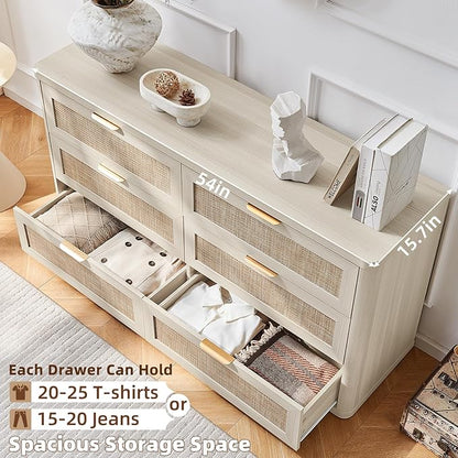 LEYAOYAO Rattan 6 Drawer Dresser for Bedroom, Boho 54" Wide White Dresser Chest of Drawers, Dressers TV Stand with Metal Handle, Storage Dressers Closet Organizer for Living Room, Hallway