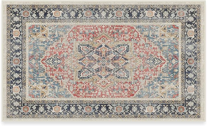 RUGGABLE Washable Vintage Area Rug – Kamran Cayenne Red 3x5, Stain-Resistant, Non-Slip – Small Machine Washable Rugs for Living Room, Bedroom, Hallway, Entryway & Office–with Standard Pad