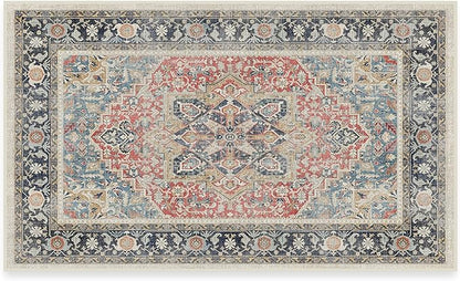 RUGGABLE Washable Vintage Area Rug – Kamran Cayenne Red 3x5, Stain-Resistant, Non-Slip – Small Machine Washable Rugs for Living Room, Bedroom, Hallway, Entryway & Office–with Standard Pad