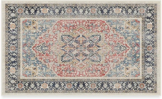 RUGGABLE Washable Vintage Area Rug – Kamran Cayenne Red 3x5, Stain-Resistant, Non-Slip – Small Machine Washable Rugs for Living Room, Bedroom, Hallway, Entryway & Office–with Standard Pad