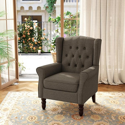 Accent Chair, Upholstered Armchair with Button Tufted High Back & Solid Wood Legs, Comfy Wingback Reading Single Sofa Chair for Small Spaces, Living Room, Bedroom (Taupe, Set of 1)