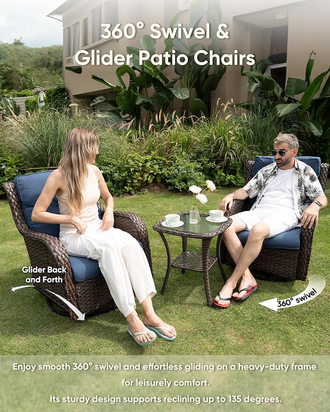 HUMMUH 6-Piece Outdoor Wicker Patio Furniture Set with Swivel Glider Chairs, Loveseat & Ottomans 5” Olefin Cushions Ergonomic Neck-Lumbar Backrest All-Weather Rattan for Garden, Deck, Porch