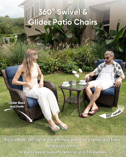 HUMMUH Patio Furniture Set with Fire Pit Table 5-Piece Wicker Outdoor Swivel Rocker Patio Chairs High Back Outdoor Couch Conversation Set for Porch, Backyard, Deck