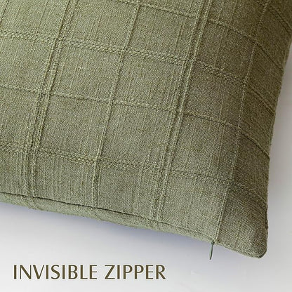 Foindtower Set of 2 Decorative Linen Check Throw Pillow Covers Neutral Farmhouse Vintage Cushion Covers Modern Boho Home Decor for Sofa Chair Couch Bedroom Living Room,20×20 Inch,Sage Green