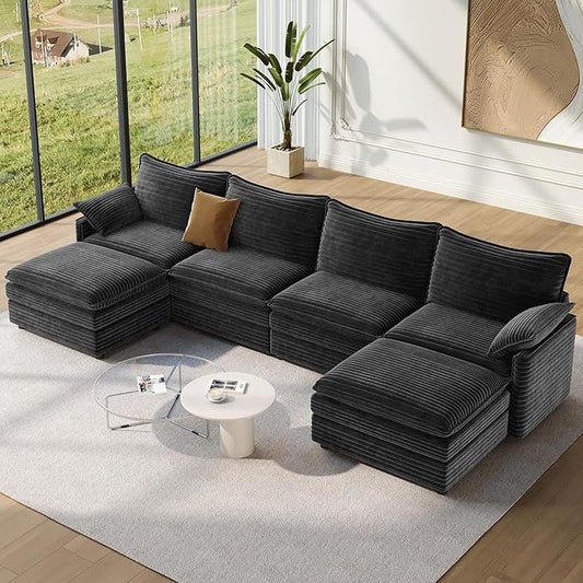 Vesgantti 142" U Shaped Sectional Couch, Comfy Cloud Modular Sectional Sofa with 2 Ottoman Deep Seat Corduroy Modern Cloud Sofa, Modular Sofas for Living Room, Bedroom and Apartment, Gray