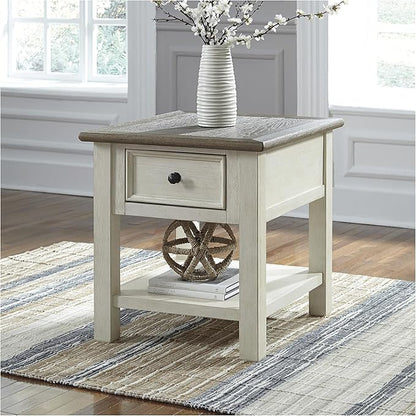 Signature Design by Ashley Bolanburg Farmhouse Rectangular End Table, Plank Style Top, Drawer, Wood, 24" W x 27" D x 25" H, 2-tone Finish, Antique Cream