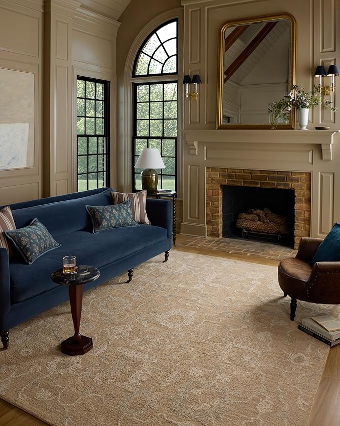Loloi Chris Loves Julia Dorothea Collection DRT-01 Sand/Pebble 5'-0" x 7'-6" Area Rug Wool Neutral Floral Living Room Bedroom Carpet