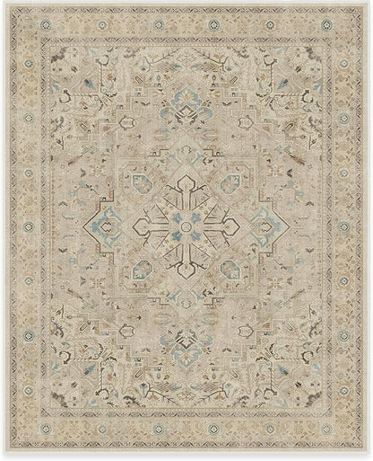 RUGGABLE Washable Vintage Area Rug – Kamran Ivory Opal 8x10, Stain-Resistant, Non-Slip – Large Machine Washable Rugs for Living Room, Bedroom, Hallway, Entryway & Office–with Standard Pad