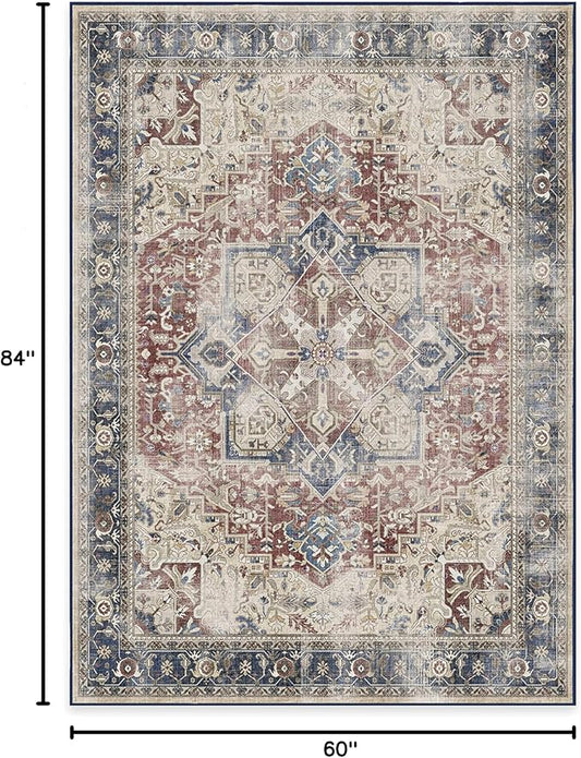 RUGGABLE Washable Vintage Area Rug – Kamran Royal Blue 5x7, Stain-Resistant, Non-Slip – Medium Machine Washable Rugs for Living Room, Bedroom, Hallway, Entryway & Office–with Cushioned Pad