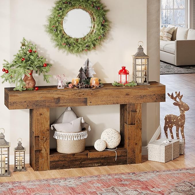 Tribesigns 63-Inch Long Console Table, 2-Tier Entryway Table Sofa Table with Storage, Farmhouse Wood Behind Couch Table for Living Room, Hallway, Rustic Mixed Brown