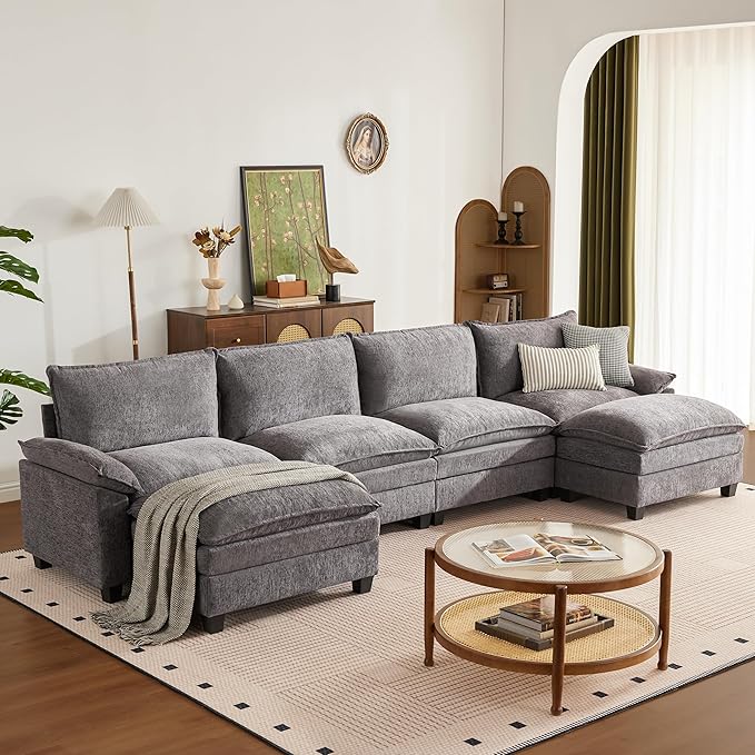 147 Inch Big Comfy Couch with Ottoman, 6 Seat U Shaped Couches, Cloud Modular Sectional Sofa, Modern Cloud Couch Sectionals, Sectional Couches for Living Room, Oversize Deep Seat Sofa, Grey