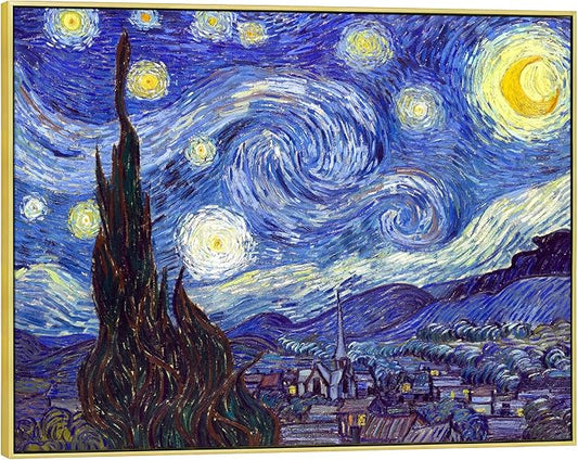 Wieco Art Large Framed Art Giclee Canvas Prints of Starry Night by Vincent Van Gogh Paintings Reproduction Post-Impressionism Artwork for Living Room Home Bedroom Decorations, 40x30inch (Framed)