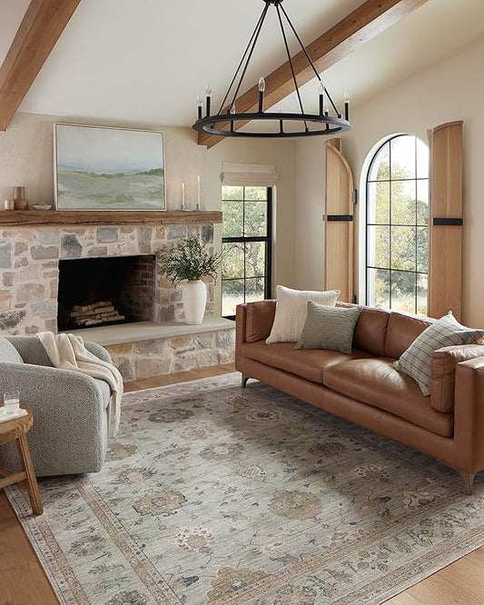 Loloi Magnolia Home by Joanna Gaines Millie Collection MIE-02 Sky/Gold 9'-6" x 13'-1", .25" Pile Height, Area Rug