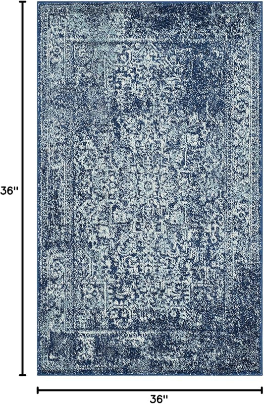 SAFAVIEH Evoke Collection Area Rug - 3' Square, Navy & Ivory, Distressed Design, Non-Shedding & Easy to Clean, Ideal for Foyer, Bedroom, Accent Space (EVK256A)